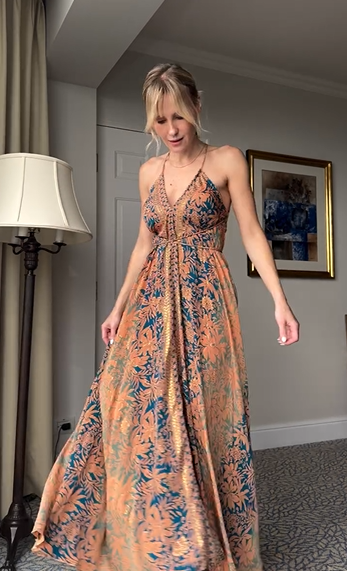 Orange & Blue Floral Gold Foil Halter Cross Back Tie-Up Vacation Maxi Dress