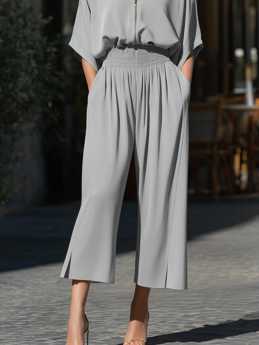 Zip-Front Relaxed Blouse And Wide-Leg Pants Set