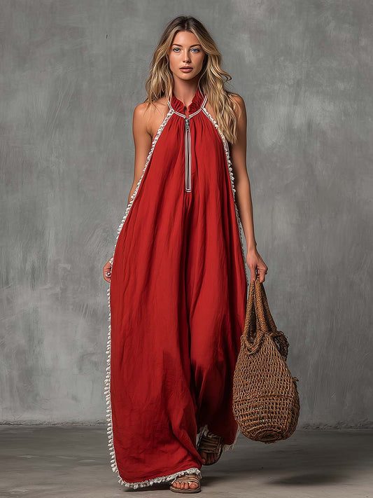 Valencia Crimson Cotton Linen Blend Jumpsuit Effortless Vacation Glam