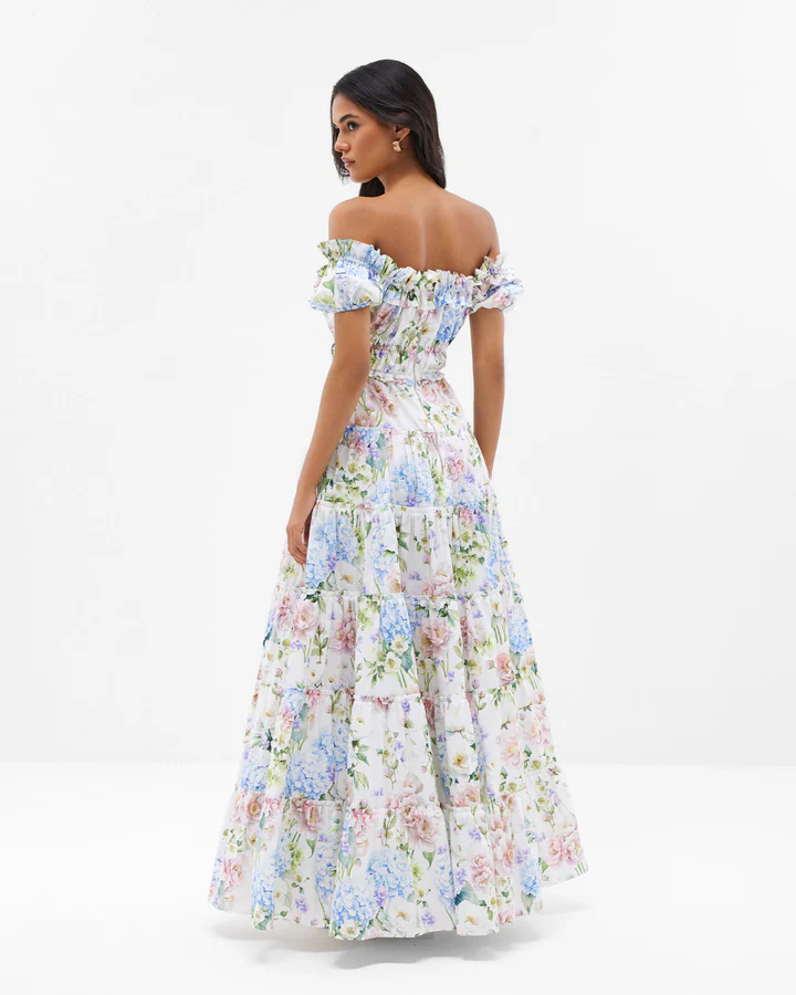 Hydrangea Floral Print Off Shoulder Smocked Waist Tiered Ruffle Maxi Dress