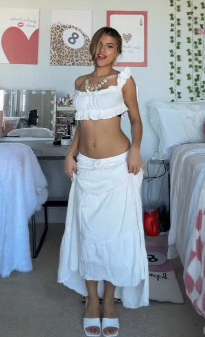 Boho White Ruffle Crop Top + Asymmetrical Flare Maxi Skirt Set | Vacation Y2K Outfit