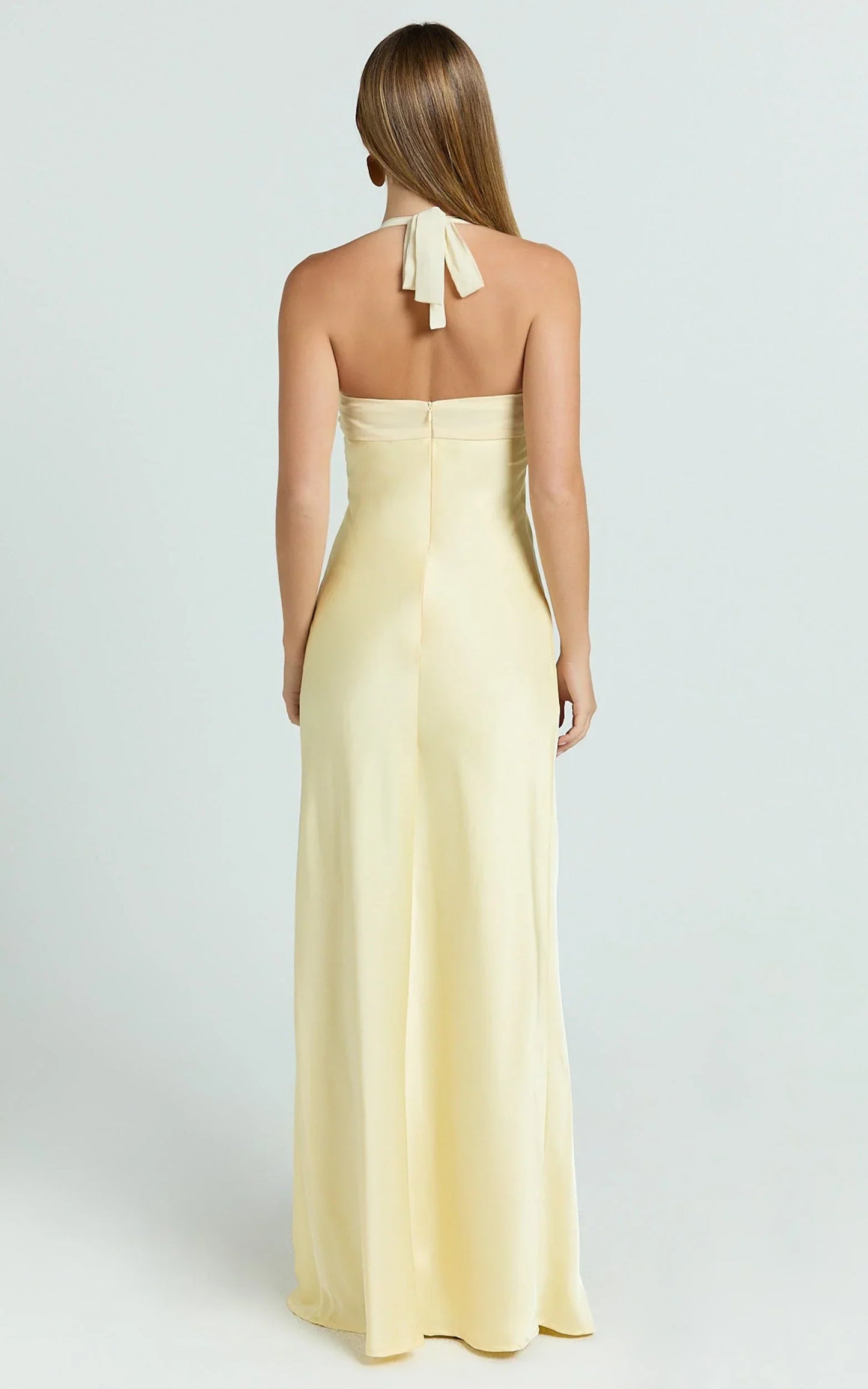 Flynn Maxi Dress - Satin Halter Sweetheart Neck Dress In Butter Yellow