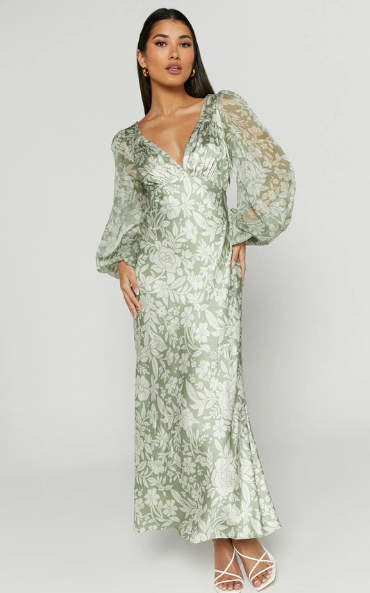 Freollyn Midi Dress - Deep V Neck Long Sleeve Dress In Sage