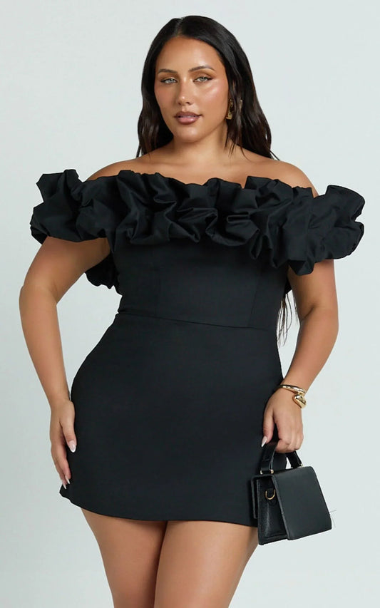 Coraline Mini Dress - Ruffle Off Shoulder Fitted Dress In Black