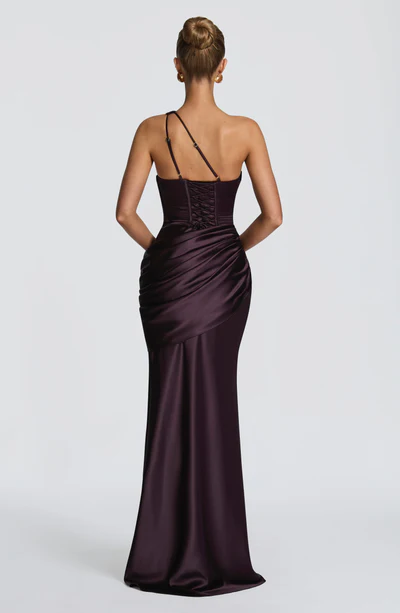 One Shoulder Cutout Satin Corset Ruched Bodycon Mermaid Evening Maxi Dress