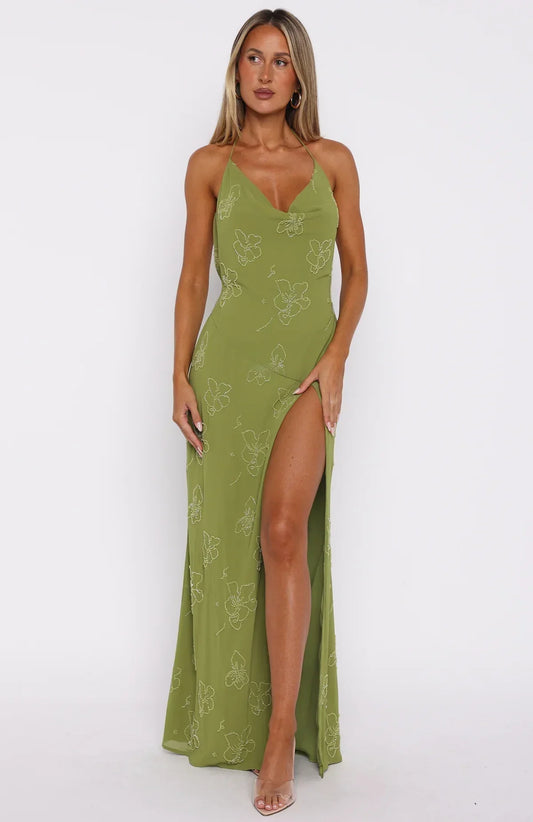 Slow Dancer Beaded Maxi Dress Green Tea