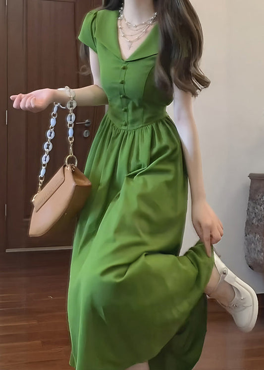 French Green Peter Pan Collar Patchwork Cotton Dresses Summer