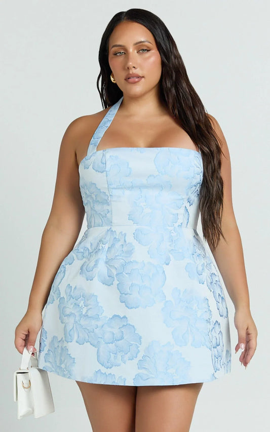 Gabbie Mini Dress - Jacquard Halter Fit And Flare Dress In Blue
