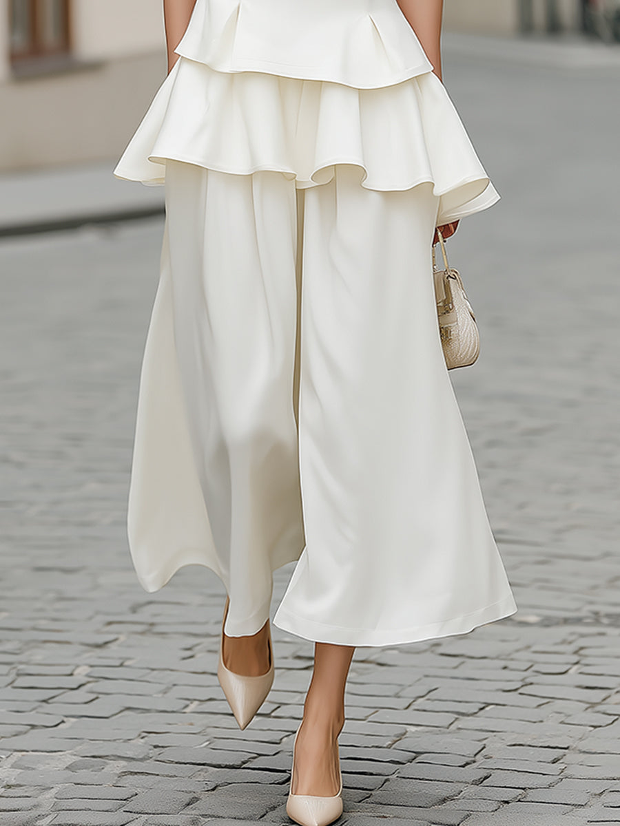 Layered Peplum V-Neck Top And Wide-Leg Pants Set