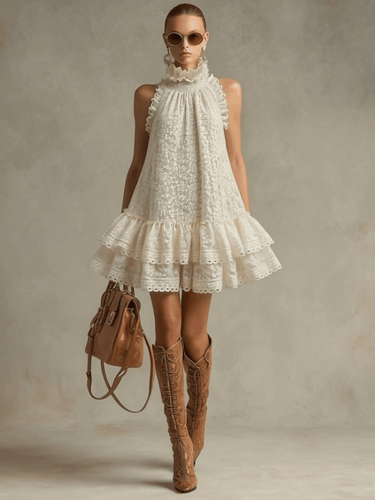 Vacation Retro Beige Lace Sleeveless Ruffled Mini Dress