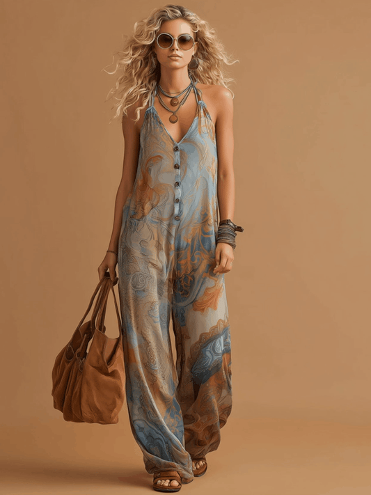 Vacation Retro Bohemian Print Chiffon Sleeveless Wide-Leg Jumpsuit