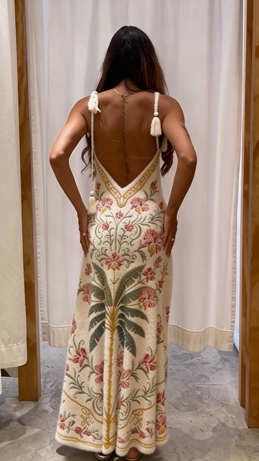 Vacation Style Cream Floral Palm Print Halter Maxi Dress