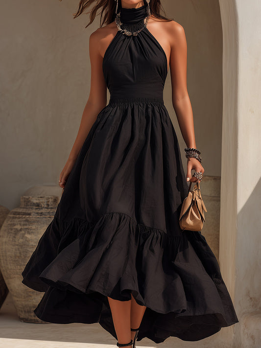 Boho Vacation Halter-Neck Ruffled Maxi Dress