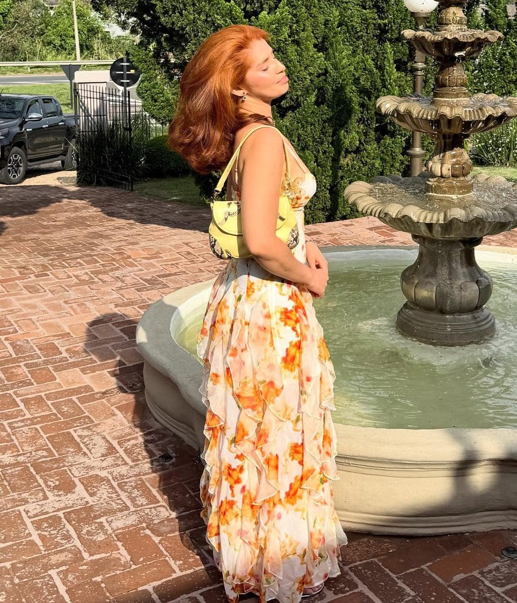 Orange Tie-Dye Floral V-Neck Cami Irregular Ruffle Maxi Dress | Vacation Elegant Beach Dress