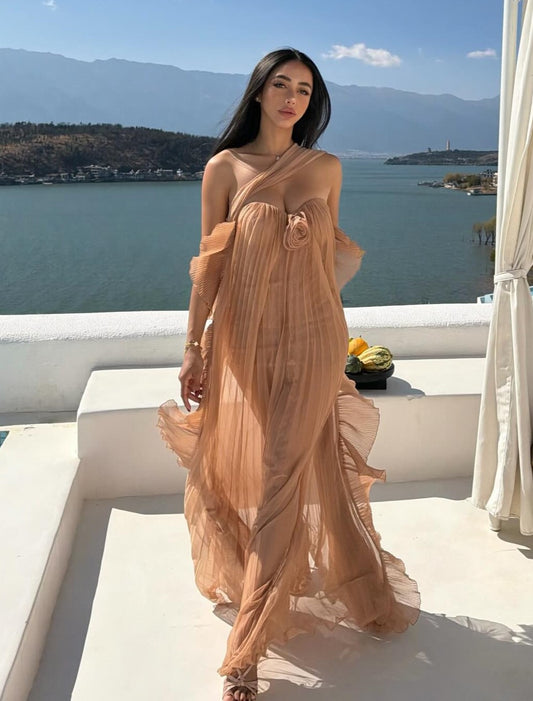 Nude Pleated Strapless Maxi Dress | Vacation Style Rose Decor Off-Shoulder Gown