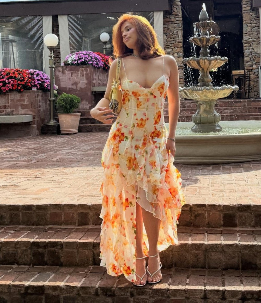Orange Tie-Dye Floral V-Neck Cami Irregular Ruffle Maxi Dress | Vacation Elegant Beach Dress