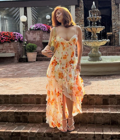 Orange Tie-Dye Floral V-Neck Cami Irregular Ruffle Maxi Dress | Vacation Elegant Beach Dress