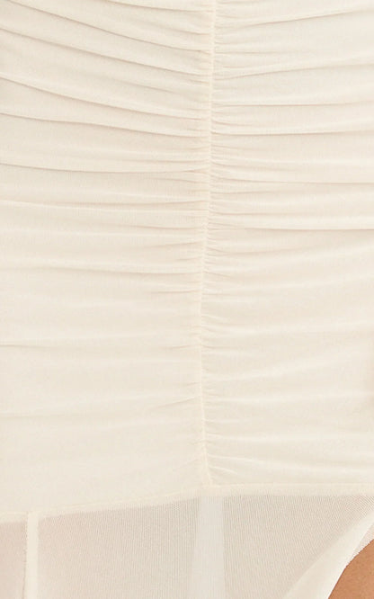 Alanna Maxi Dress - Off Shoulder Ruched Mesh Dress in Cream