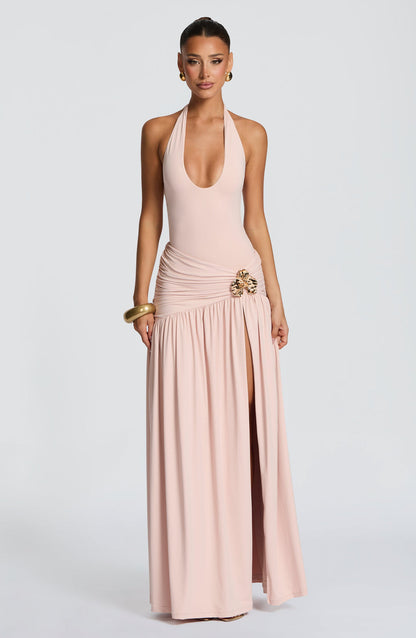 Sexy Halter Metallic Floral Accent High-Slit Floor-Length Maxi Dress