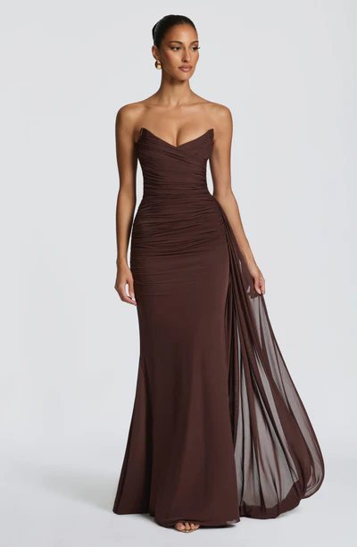 Strapless Sweetheart Ruched Mesh Drape Bodycon Mermaid Evening Maxi Dress