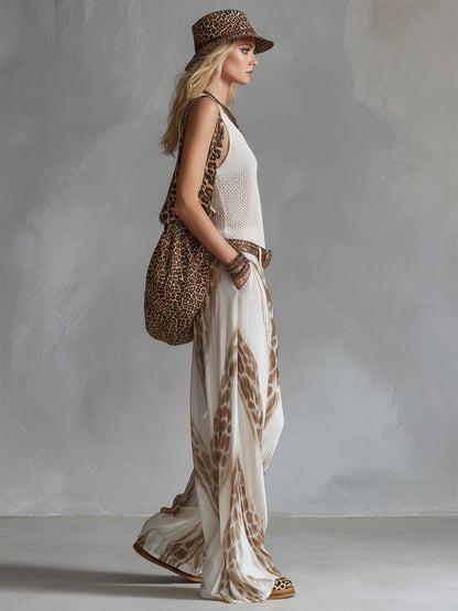 Elegant Vacation Style White Chiffon Printed Wide-leg Pants