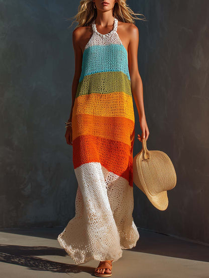 Breathable Vacation Halter-Neck Lightweight Striped Knit Maxi Dress