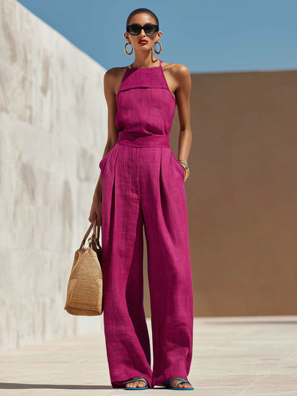 Fashionable Vacation Retro Purple-red Cotton Linen Sleeveless Top And Wide-leg Pants Set