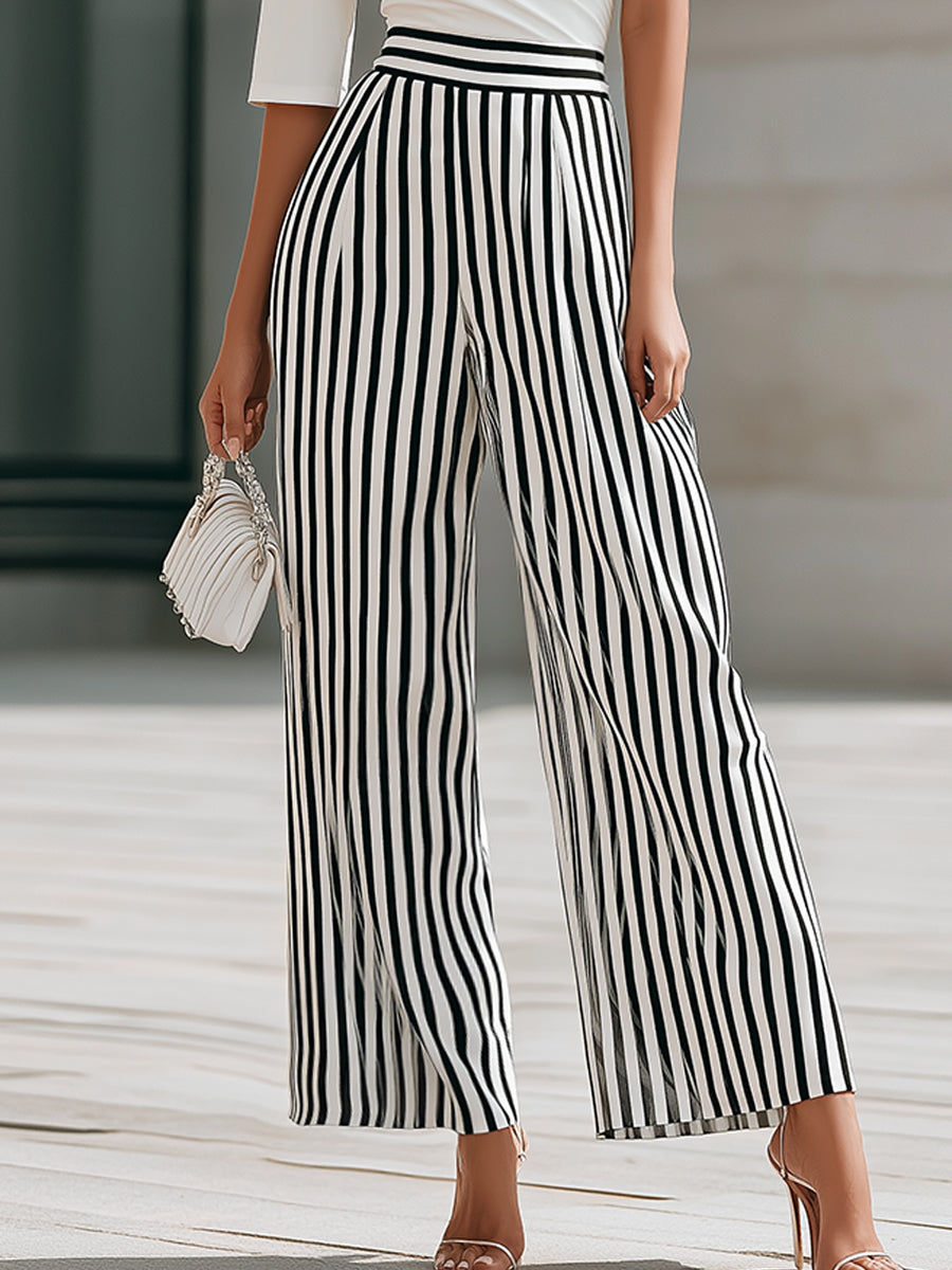 Off-Shoulder Draped Top And Striped Wide-Leg Pants Set
