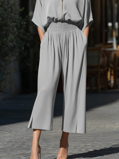 Zip-Front Relaxed Blouse And Wide-Leg Pants Set