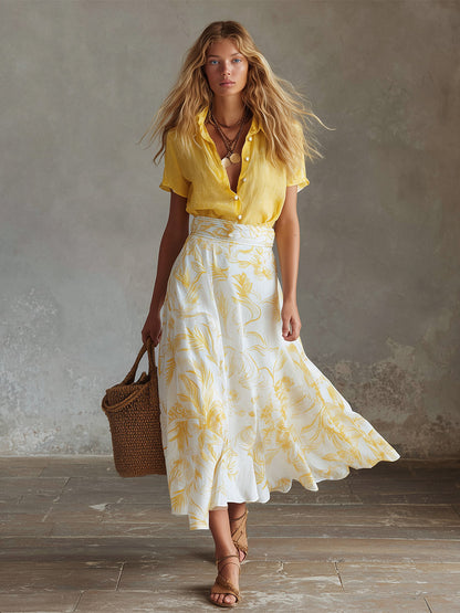 Elegant Summer Vacation Outfit Yellow Cotton-Linen T-Shirt & Moon-Print Chiffon Skirt Set