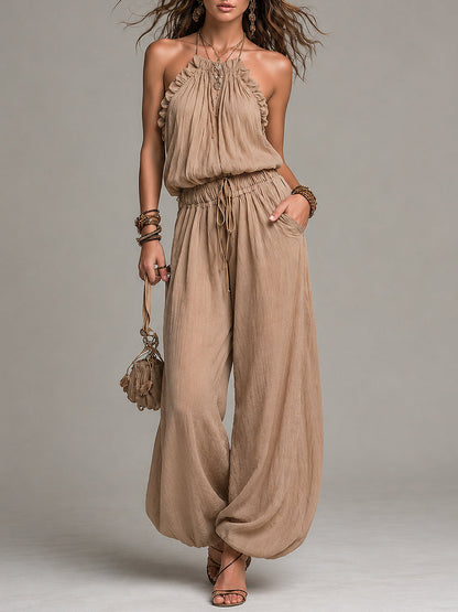 Boho Vacation Ruffled Halter Top & Lantern Pants Set