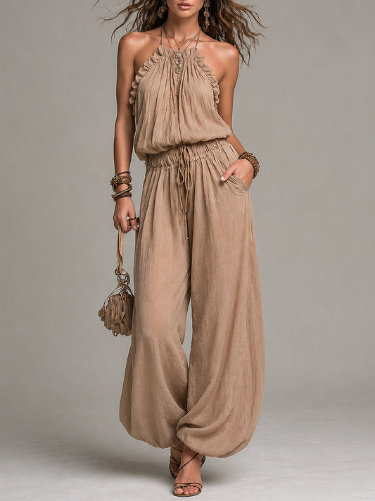 Boho Vacation Ruffled Halter Top & Lantern Pants Set