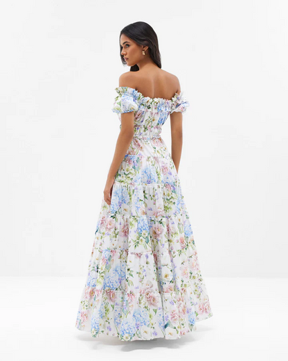 Hydrangea Floral Print Off Shoulder Smocked Waist Tiered Ruffle Maxi Dress