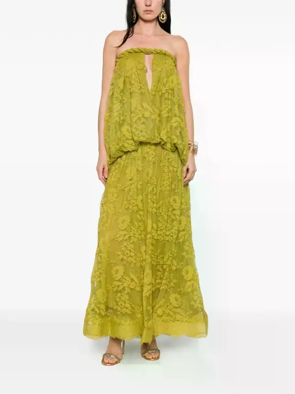 Boho Olive Green Jacquard Strapless Cutout Flare Maxi Dress | Vacation Elegant Slimming Dress