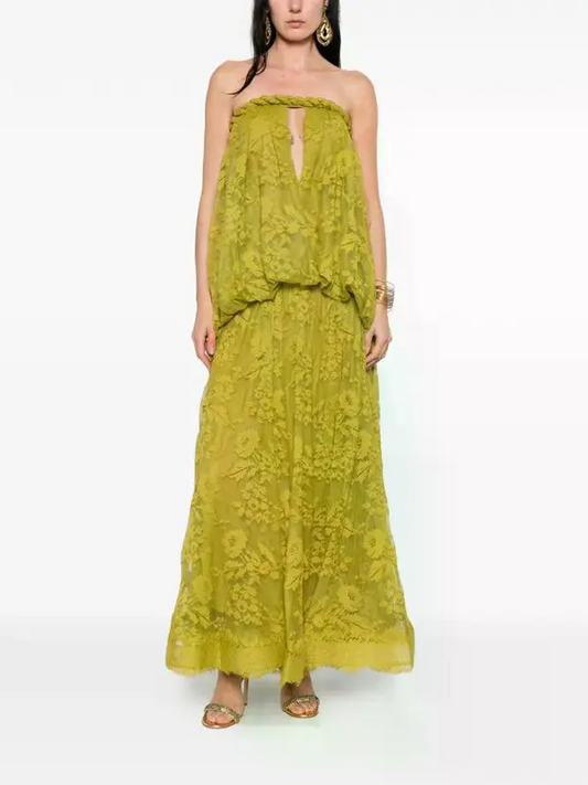Boho Olive Green Jacquard Strapless Cutout Flare Maxi Dress | Vacation Elegant Slimming Dress