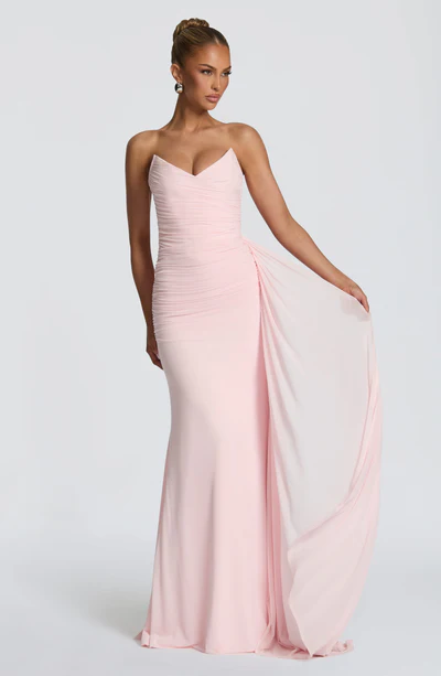 Strapless Sweetheart Ruched Mesh Drape Bodycon Mermaid Evening Maxi Dress