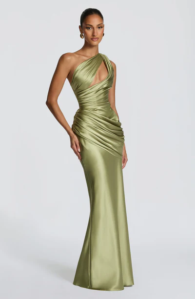 One Shoulder Cutout Satin Corset Ruched Bodycon Mermaid Evening Maxi Dress