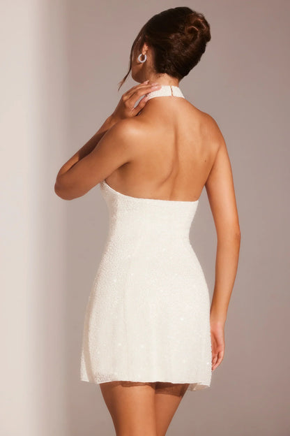 Embellished Asymmetric Neck A-Line Mini Dress In White