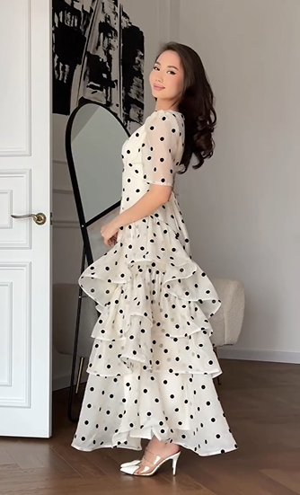 Polka Dot V Neck Puff Sleeve Tiered Ruffle Waist Maxi Dress