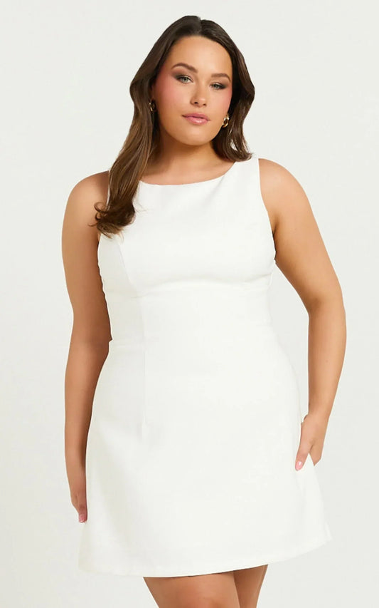 Freddie Mini Dress - Boat Neck Fit and Flare Dress in White