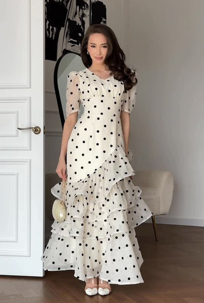 Polka Dot V Neck Puff Sleeve Tiered Ruffle Waist Maxi Dress