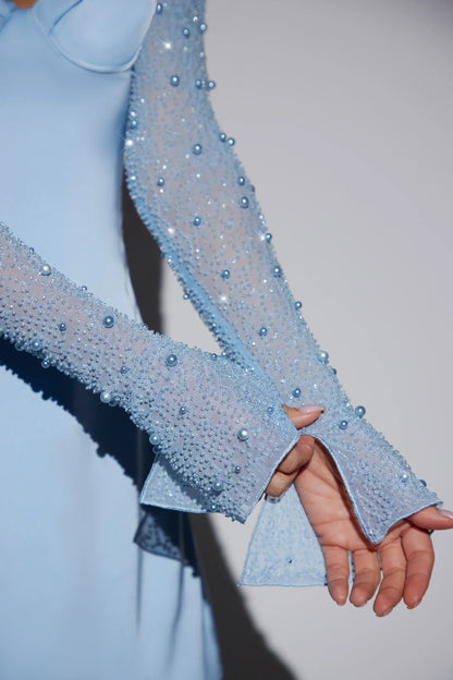 Long Sleeve Embellished A-Line Mini Dress In Blue