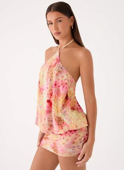 Halter Open Back Tie Dye Print Double Layer Mini Dress