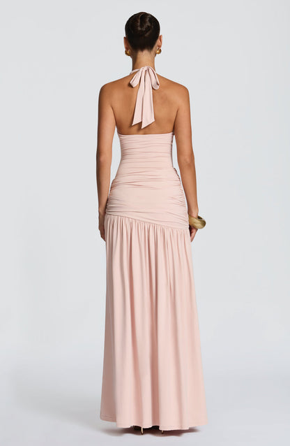 Sexy Halter Metallic Floral Accent High-Slit Floor-Length Maxi Dress