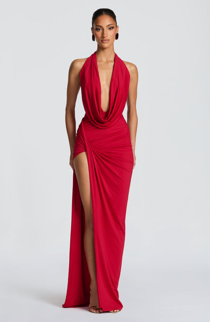 Sexy Halter Cowl Neck Ruched High-Slit Floor-Length Maxi Dress