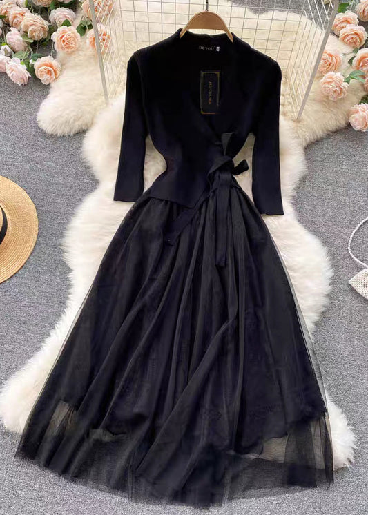 Elegant Camel Lace Up Tulle Patchwork Knit Dresses Fall