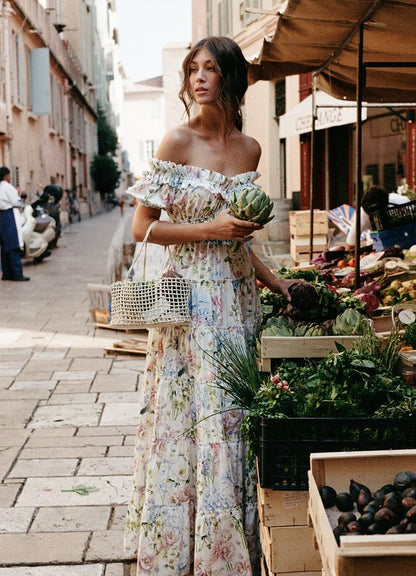 Hydrangea Floral Print Off Shoulder Smocked Waist Tiered Ruffle Maxi Dress