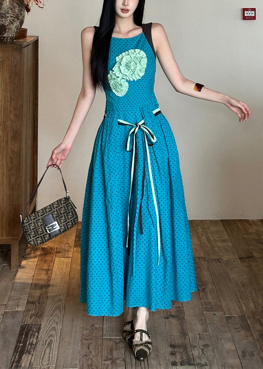 Bohemian Blue Tie Waist Flower Decorated Cotton Dress Sleeveless