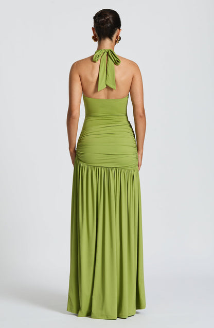 Sexy Halter Metallic Floral Accent High-Slit Floor-Length Maxi Dress