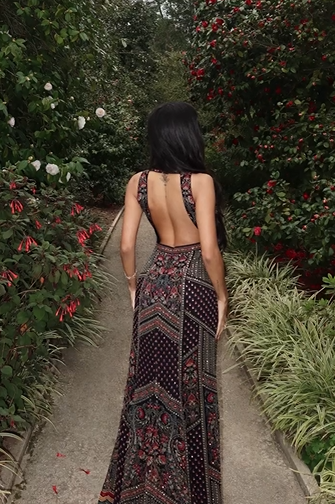 Bohemian Vintage Print Deep V Backless Slip Maxi Dress | Ethnic Style Vacation Waist-Tight Slimming Dress